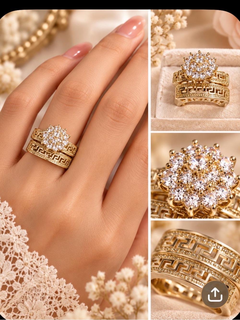 Gold Floral Cluster CZ Ring Set - Women's Jewelry
